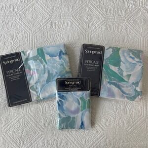 Springmaid Cynthia Queen Sheet Set Percale Floral Blue Green Vintage New 4pc